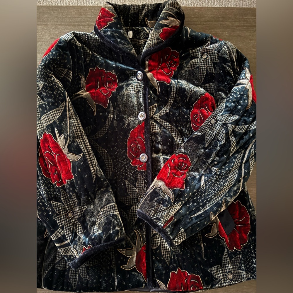 velvet jacket featuring a red rose floral pattern